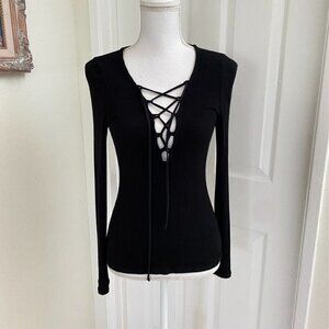 Project Social T x Urban Outfitters Sz Med Black Ribbed Long Sleeve Lace Up Top